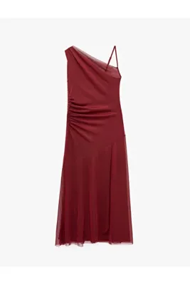 Koton Slim Fit İnce Askılı Tek Omuz Asimetrik Kesim Fularlı Tül Midi Elbise