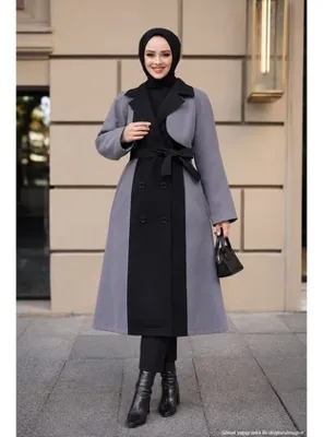 hafsamina İki Renkli Kuşaklı Trençkot Gri HM2983