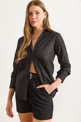 Olalook Kadın Siyah Regular Fit Fisto Gömlek GML-19001332
