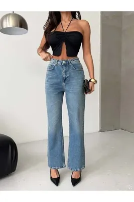 HerTon Kadın Yüksek Bel Bol Paça Jean Pantolon | %99 Pamuk %1 Elastan Rahat Kalıp Denim
