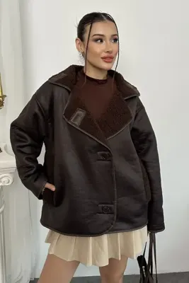 moda armanc Kadın İçi Peluş Kürklü Oversize Suni Deri Mont - Else Lamine Süet Ceket