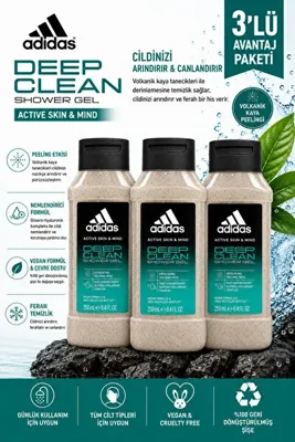 adidas Active Skin & Mind Deep Clean Duş Jeli 250 ml - Volkanik Kaya Özlü Peeling Etkili X 3 Adet