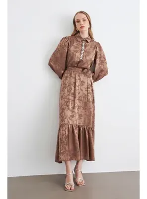 Vavinor Mayra Taşlı Jakar Elbise - Camel