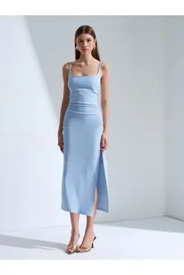 Dilvin 91712 Kare Yaka Büzgülü Midi Elbise
