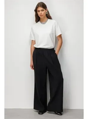 Mizalle Beli Lastikli Modal Dokulu Siyah Pantolon
