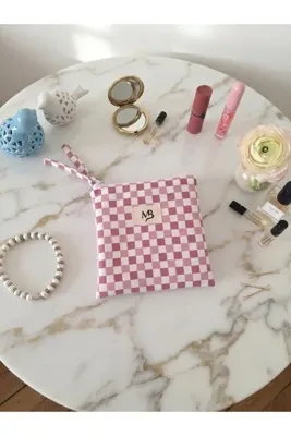 M&B pembe dama desenli Kare Küçük Makyaj Çantası Ve Çanta İçi Organizer çanta Toplayıcı Duck Keten Fermuarlı Yıkanabilir