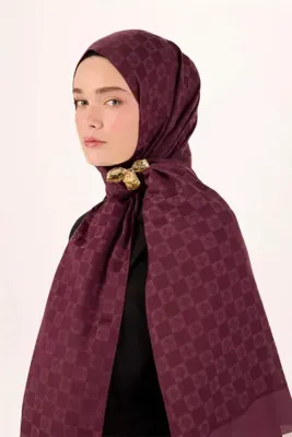 Silk Home Pamuklu Liva Şal Mürdüm Dama Monogram Desen 90x200cm Şal