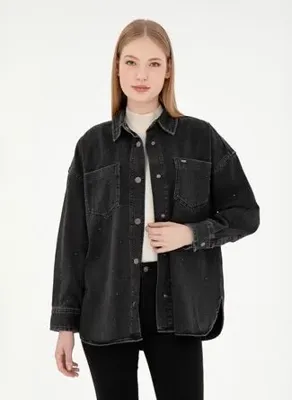 U.S. Polo Assn. Siyah Kadın Bisiklet Oversize Denim Gömlek AMY-BLACK