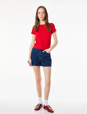 Koton Pamuklu Kısa Kollu Kayık Yaka Slim Fit Tişört