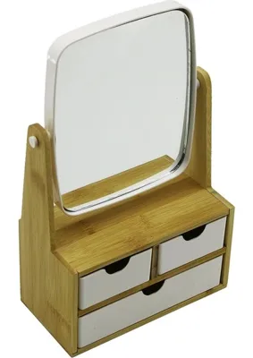 İlkyaz Fashion If 3 Çekmeceli Bambu Ahşap STANDLI=9X9.5X18X21.5CM Makyaj AYNASI=15X18CM Takılık 2+1 Organizer