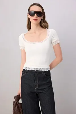 TRENDYOLMİLLA Ekru Fitted/Vücuda Oturan Havuz Yaka Dantel Detaylı Crop/Kısa Yumuşak Örme Bluz TWOSS26BZ00915