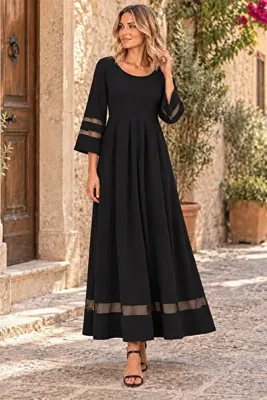 moda wanilia Kadın Truvakar Kollu Geniş U Yaka Tül Şerit Detaylı Uzun Janjan Krep Elbise