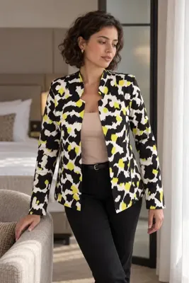 armonika Kadın Yeşil Dik Yaka Detaylı Düğmesiz Astarlı Blazer Ceket ARM-27K001036