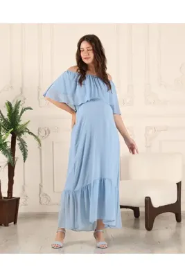 Azra Style Hamile Madonna Yaka Bebe Mavisi Eteği Fırfırlı Uzun Şifon Elbise 7009