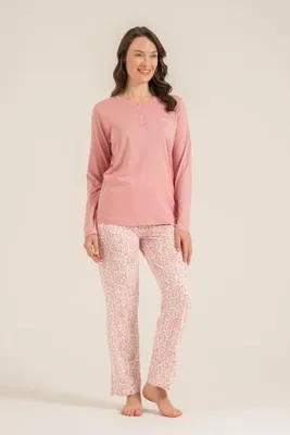 Pierre Cardin Kadın Koyu Pembe Uzun Kol Düğmeli Yaka Pijama Takım, %50 Pamuk %50 Modal