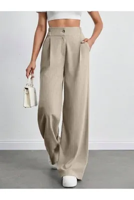 tuzu moda KADIN PANTOLON ÇİZLİGİLİ POLİVİSKON PANTOLON PALAZZO PANTOLON ARKA LASTİKLİ PANTOLON