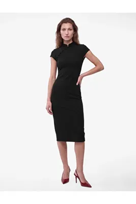 Koton Krep Kumaş Mandarin Qipao Yaka Kısa Kollu Düğmeli Bodycon Midi Elbise