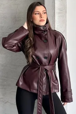 moda armanc Kadın Kruvaze Düğmeli Bordo Deri Ceket - Kemerli Dik Yaka Kısa Trenç Ceket