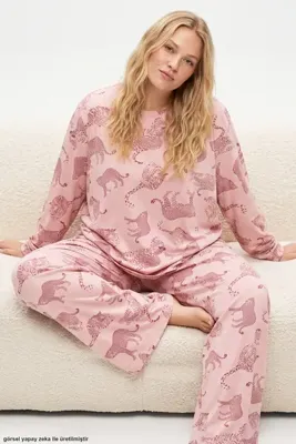 Siyah İnci Pudra Leopar Baskılı Büyük Beden Battal Boy Örme Pijama Takım 8089
