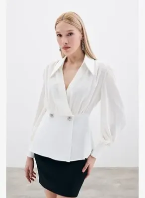 Sateen Gömlek Yakalı Bluz - Ekru