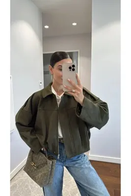 RosePearl Kadın Oversize Bomber Süet Haki Ceket