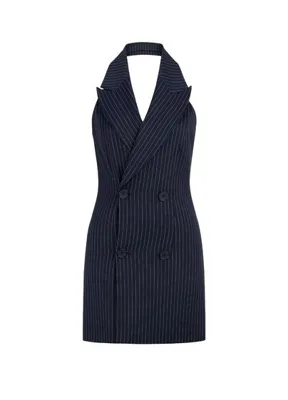Feel The Lotus Samantha Deep Sea Blue White Çizgili Kruvaze Kolsuz Kadın Mini Elbise
