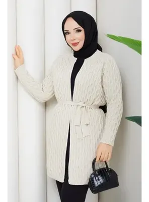 Pamuk Butik Kadın Tok Hasır Örgü Kuşaklı Triko Hırka