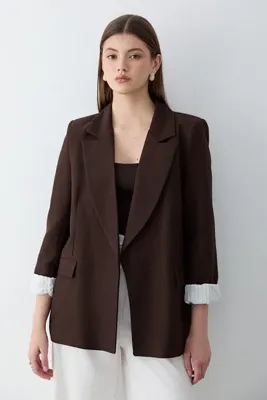 JASTE Kadın Kahverengi Çizgili İçi Astarlı Kol Detaylı Blazer Ceket