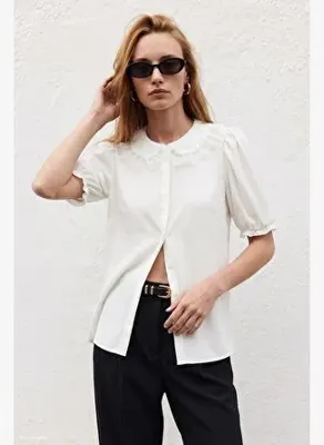 Sateen Yaka Detaylı Gömlek - Ekru
