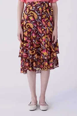 Roman Volanlı Floral Desen Uzun Etek Standart Renk Y2169174_089