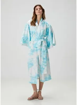 zau %100 Pamuk Batik Desenli Uzun Kimono – Mavi/Beyaz