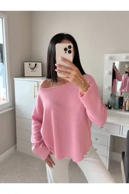 zebewear Kadın Kayık Yaka İnce Mevsimlik Triko Pembe