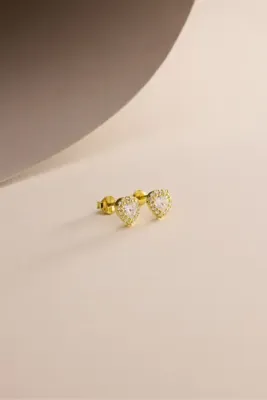 Nereze 925 Ayar Gümüş Gold Kaplama Beyaz Taşlı Kalp Model Küpe