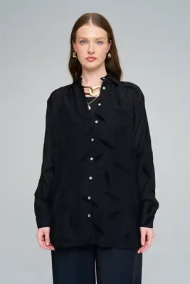Orfeo Negro Kadın Yaprak Desenli Dökümlü Siyah Oversize Gömlek