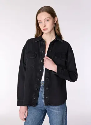 Mustang Siyah Kadın Gömlek Yıkamalı Denim Gömlek M4WL-GML-1299