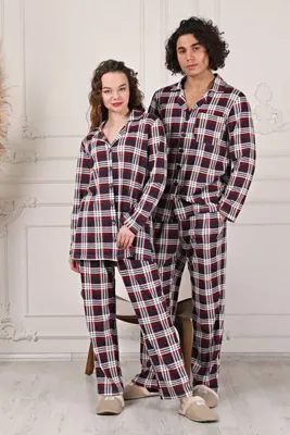 esrastyle Kırmızı Lacivert Ekose Desenli Kadın Pijama Takımı