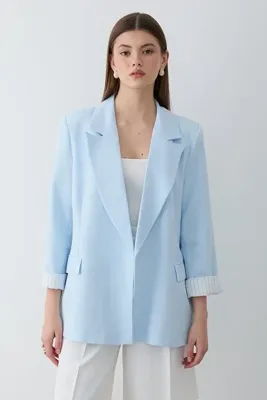 JASTE Kadın Mavi Çizgili İçi Astarlı Kol Detaylı Blazer Ceket