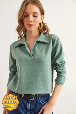 Olalook Kadın Çağla Yeşili Polo Yaka Selanik Bluz BLZ-19002810