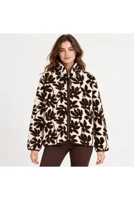 ASL WOMAN Premium Çiçek Desenli Fermuarlı Polar- Koyu Kahve