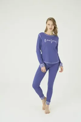 İPEKTENİM Kol ve Paça Leopar Desen Ribanalı Bonjour Yazı Baskılı Pijama Takımı