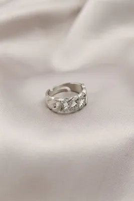 PARILTIATÖLYESİ Gümüş Renk Metal Zincir Model Taşlı Kadın Yüzük