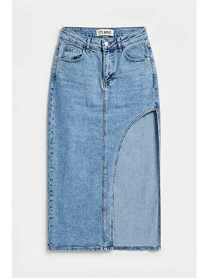 It's Basic Kadın Jean Rengi 3s6-3 Maxi Yandan Yırtmaç Detaylı Tasarım Elastanlı Kumaş Denim Etek