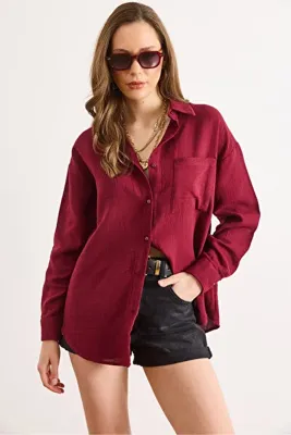 Olalook Kadın Bordo Oversize Basic Müslin Gömlek GML-19001217
