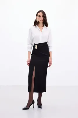 Sateen Gold Yan Aksesuarlı Etek - Siyah