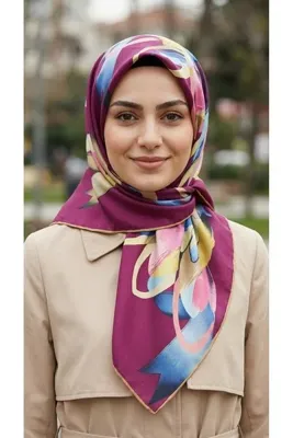 Genel Markalar Modern Soyut Desenli Çok Renkli Mürdüm Kadın Eşarp