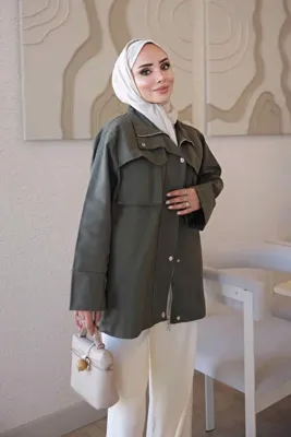 İmajButik Haki Fermuarlı Çıtçıtlı Gabardin Ceket
