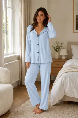 NEWORGINAL Kadın Bebe Mavisi Pamuklu Pijama Takımı Uzun Kollu Fiyonklu Rahat Ev Giyim Seti