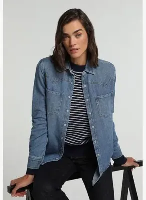Colins Regular Fit Klasik Yaka Düz Kadın Mid İndigo Denim Uzun Kol Gömlek