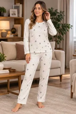 PİJART Ekru Fiyonk Desenli Fittili Örme Pijama Takımı