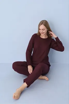 PİJART Bordo Fitilli Örme Pijama Takımı